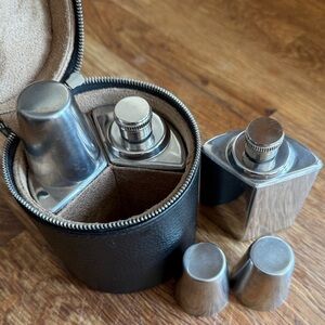 Triple flask set, stainless steel flask trio with cups in genuine leather case